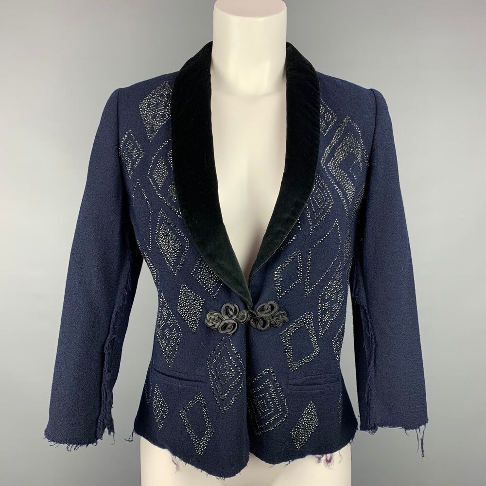VINTAGE Size S Navy & Black Crepe Rhinestones Tuxedo Jacket